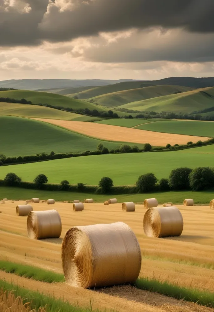 A Field With Golden Hay Bales Scattered Across A Rolling Landscape Under A Dramatic Cloudy Sky With Lush Green Hills In The Background 13 C45e