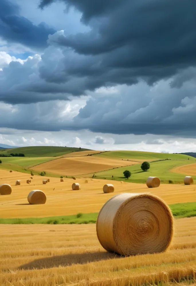 A Field With Golden Hay Bales Scattered Across A Rolling Landscape Under A Dramatic Cloudy Sky With Lush Green Hills In The Background 16 7a6c