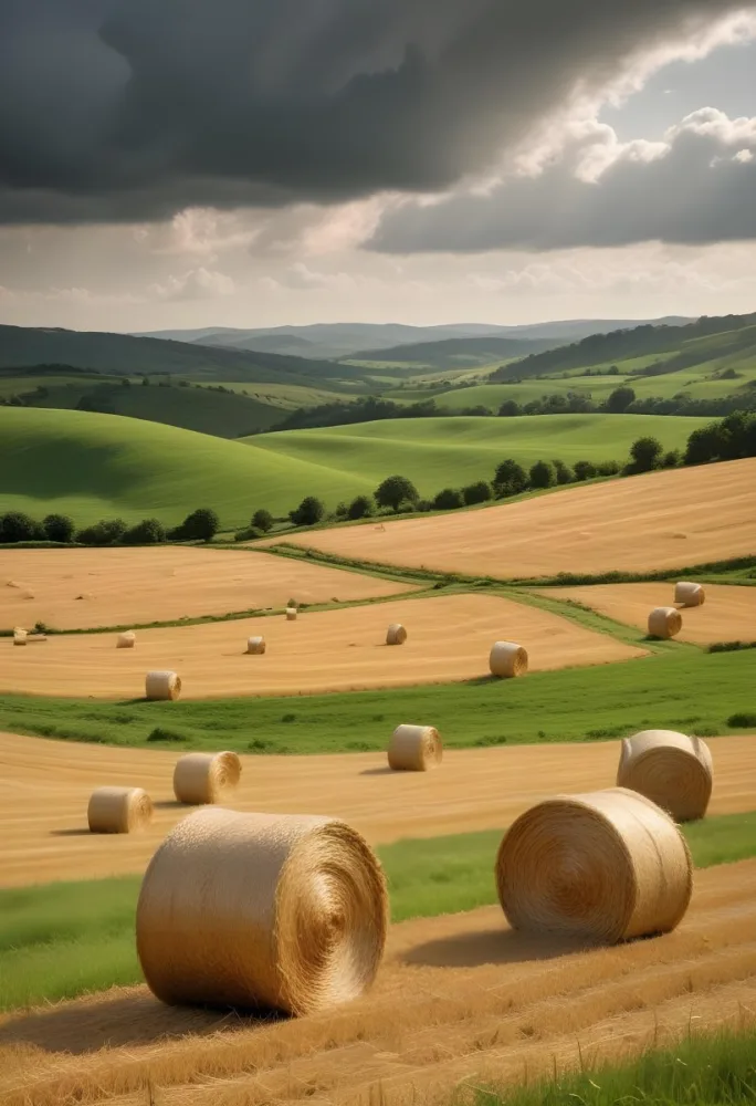 A Field With Golden Hay Bales Scattered Across A Rolling Landscape Under A Dramatic Cloudy Sky With Lush Green Hills In The Background 18 Adcd