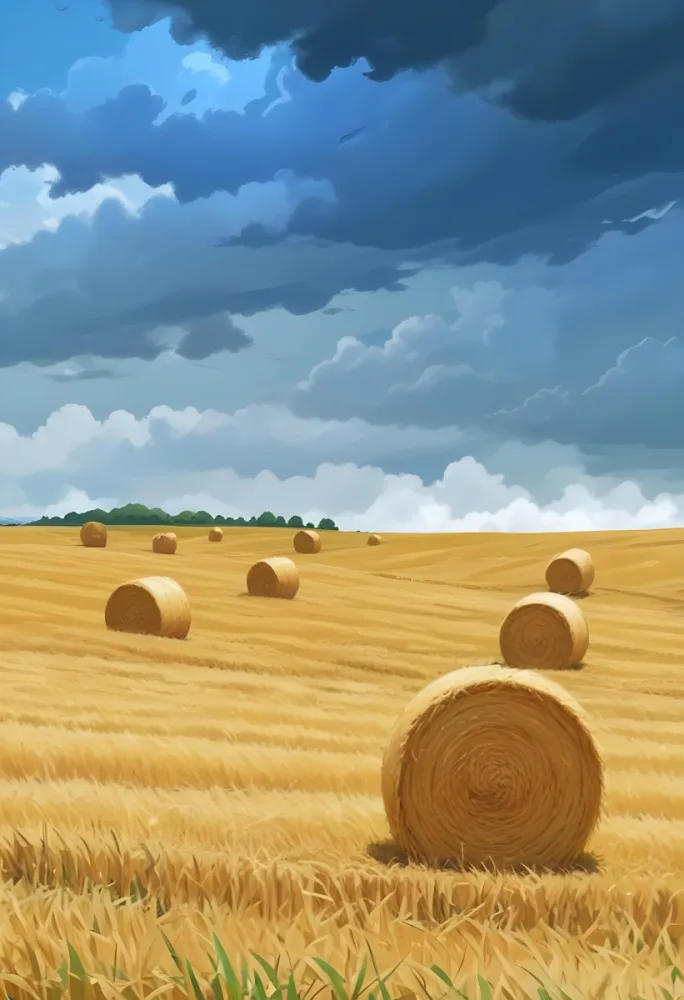 A Field With Golden Hay Bales Scattered Across A Rolling Landscape Under A Dramatic Cloudy Sky With Lush Green Hills In The Background 20 000f