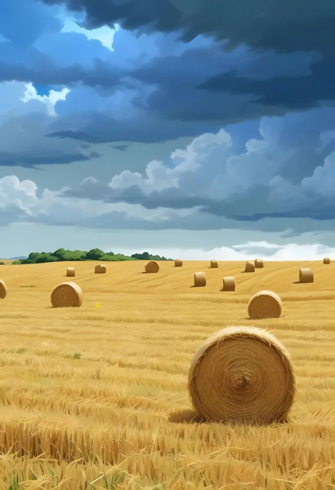 A Field With Golden Hay Bales Scattered Across A Rolling Landscape Under A Dramatic Cloudy Sky With Lush Green Hills In The Background 3 B01a