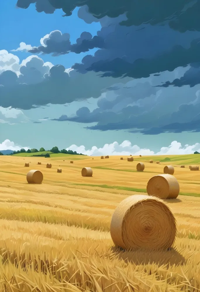 A Field With Golden Hay Bales Scattered Across A Rolling Landscape Under A Dramatic Cloudy Sky With Lush Green Hills In The Background 5 82f1