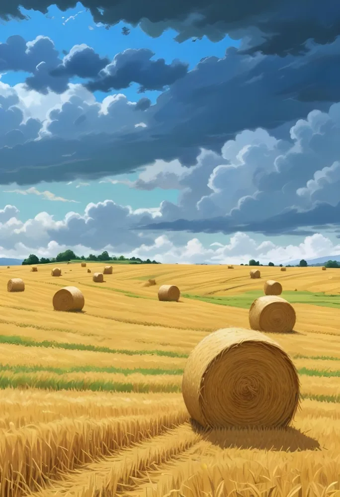 A Field With Golden Hay Bales Scattered Across A Rolling Landscape Under A Dramatic Cloudy Sky With Lush Green Hills In The Background 7 4077