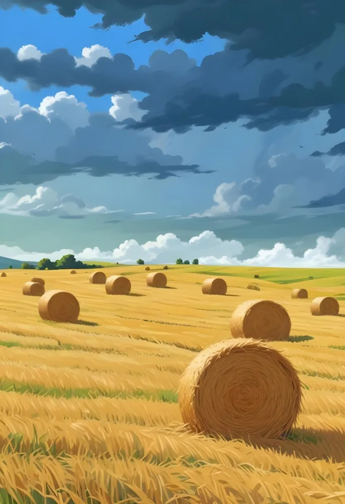 A Field With Golden Hay Bales Scattered Across A Rolling Landscape Under A Dramatic Cloudy Sky With Lush Green Hills In The Background 9 Bea0