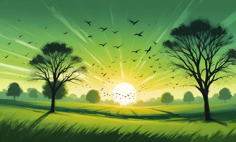 A Flock Of Birds Flying Over A Green Field With A Tree On The Background The Sun Is Rising In The Background 1 7c1a