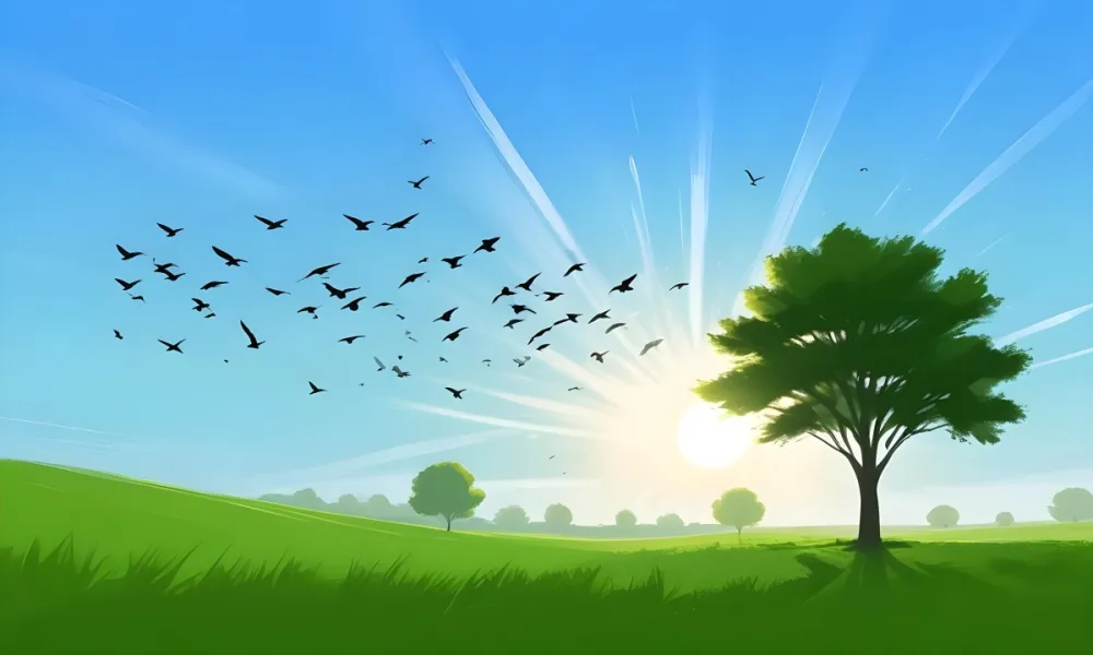 A Flock Of Birds Flying Over A Green Field With A Tree On The Background The Sun Is Rising In The Background 11 193e