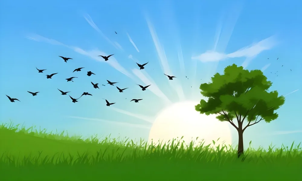 A Flock Of Birds Flying Over A Green Field With A Tree On The Background The Sun Is Rising In The Background 13 3a46