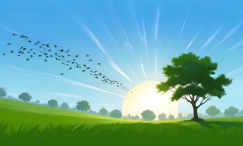 A Flock Of Birds Flying Over A Green Field With A Tree On The Background The Sun Is Rising In The Background 14 Fdf7