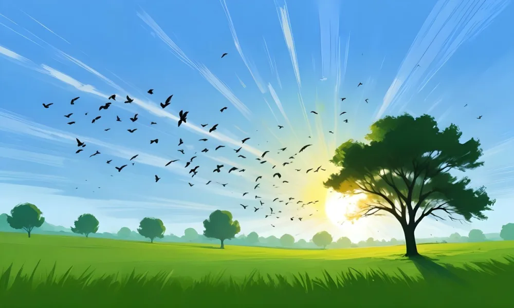 A Flock Of Birds Flying Over A Green Field With A Tree On The Background The Sun Is Rising In The Background 16 67c8