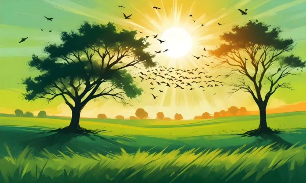 A Flock Of Birds Flying Over A Green Field With A Tree On The Background The Sun Is Rising In The Background 18 68b9