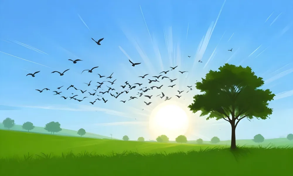 A Flock Of Birds Flying Over A Green Field With A Tree On The Background The Sun Is Rising In The Background 20 Bab5