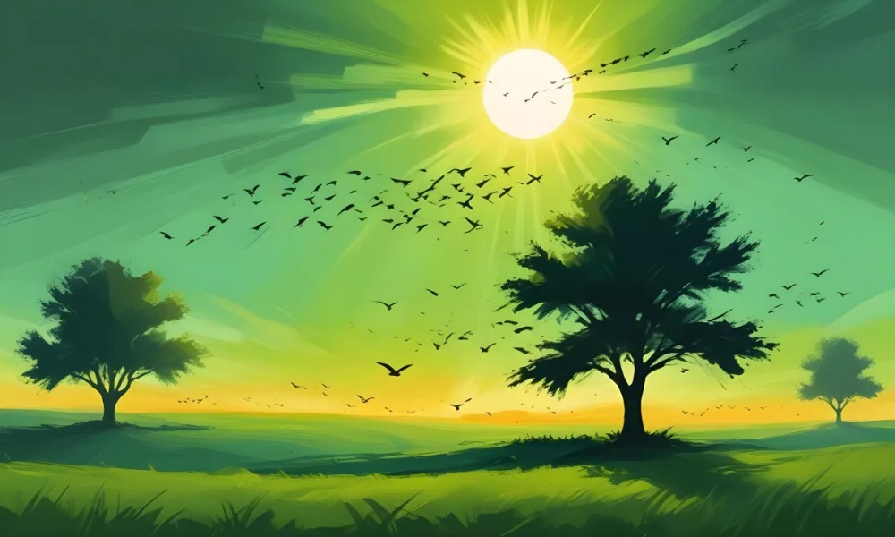 A Flock Of Birds Flying Over A Green Field With A Tree On The Background The Sun Is Rising In The Background 25 52f2