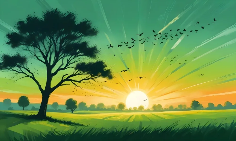 A Flock Of Birds Flying Over A Green Field With A Tree On The Background The Sun Is Rising In The Background 27 3a48
