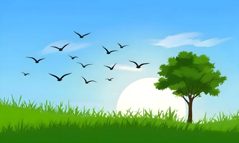 A Flock Of Birds Flying Over A Green Field With A Tree On The Background The Sun Is Rising In The Background 3 8d1c