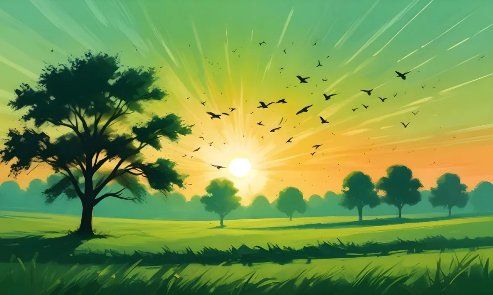 A Flock Of Birds Flying Over A Green Field With A Tree On The Background The Sun Is Rising In The Background 4 B6f8