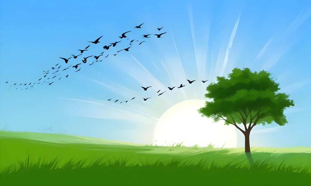 A Flock Of Birds Flying Over A Green Field With A Tree On The Background The Sun Is Rising In The Background 5 Ec28