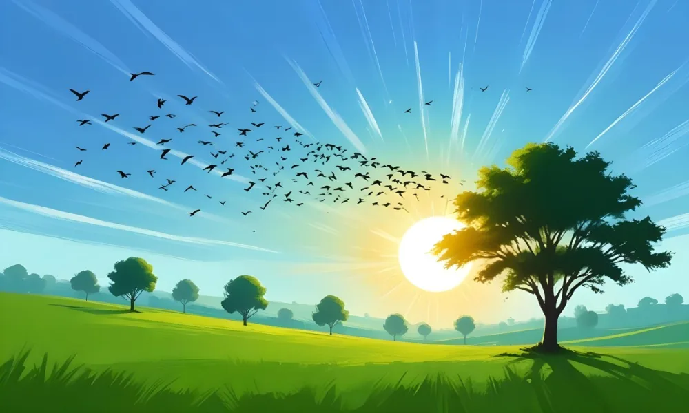 A Flock Of Birds Flying Over A Green Field With A Tree On The Background The Sun Is Rising In The Background 6 4910