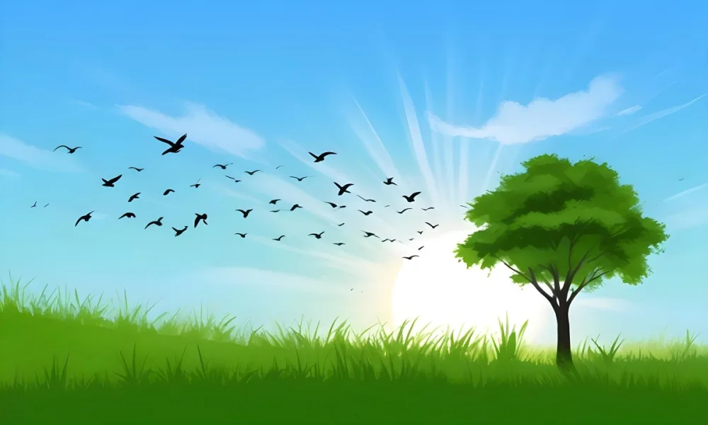 A Flock Of Birds Flying Over A Green Field With A Tree On The Background The Sun Is Rising In The Background 7 D7b0