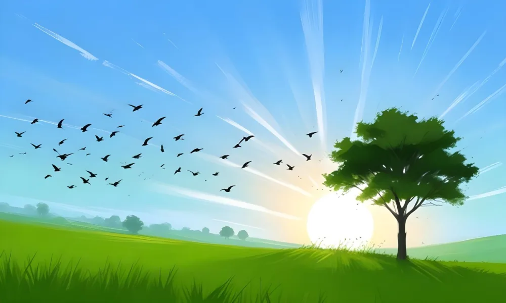 A Flock Of Birds Flying Over A Green Field With A Tree On The Background The Sun Is Rising In The Background 8 3483
