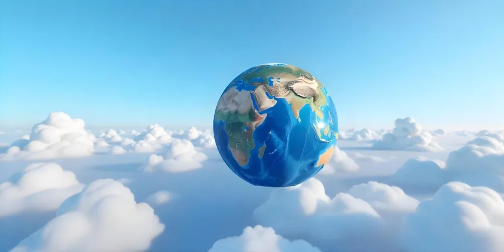 A Globe On Top Of A Cloud In A Blue Sky The Earth Is Seen From Space With Clouds And Continents 5 Be73