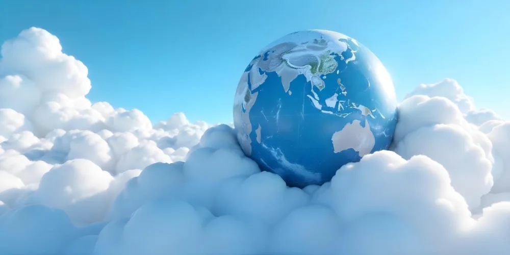 A Globe On Top Of A Cloud In A Blue Sky The Earth Is Seen From Space With Clouds And Continents 7 727d