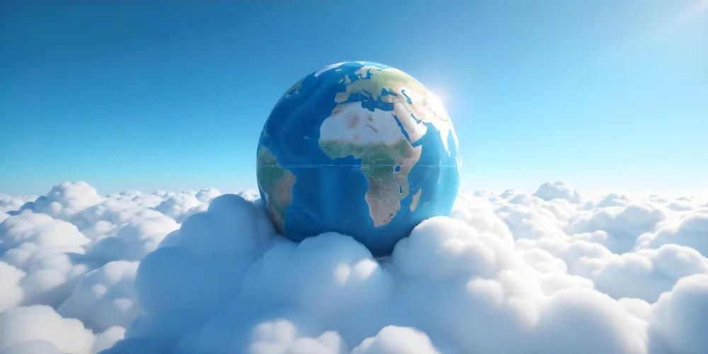 A Globe On Top Of A Cloud In A Blue Sky The Earth Is Seen From Space With Clouds And Continents 9 Be10