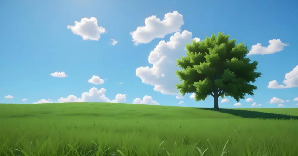 A Green Field With Grass And A Tree On A Sunny Day Blue Sky With Some Clouds In The Background 25 9e97