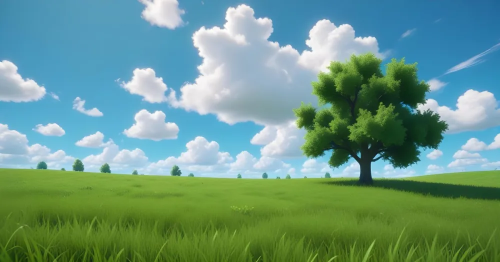 A Green Field With Grass And A Tree On A Sunny Day Blue Sky With Some Clouds In The Background 29 0acc
