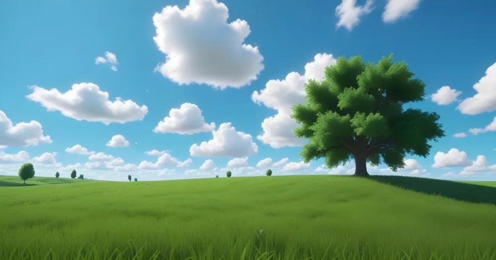 A Green Field With Grass And A Tree On A Sunny Day Blue Sky With Some Clouds In The Background 5 1204