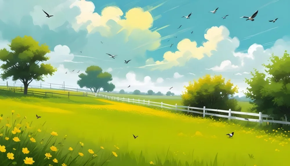 A Green Field With Yellow Flowers And A Yellow Fence With A Yellow Sky Yellow Clouds A White Sun And Some Birds In The Background 13 7345