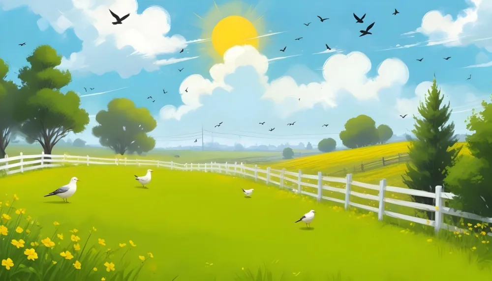 A Green Field With Yellow Flowers And A Yellow Fence With A Yellow Sky Yellow Clouds A White Sun And Some Birds In The Background 15 230e
