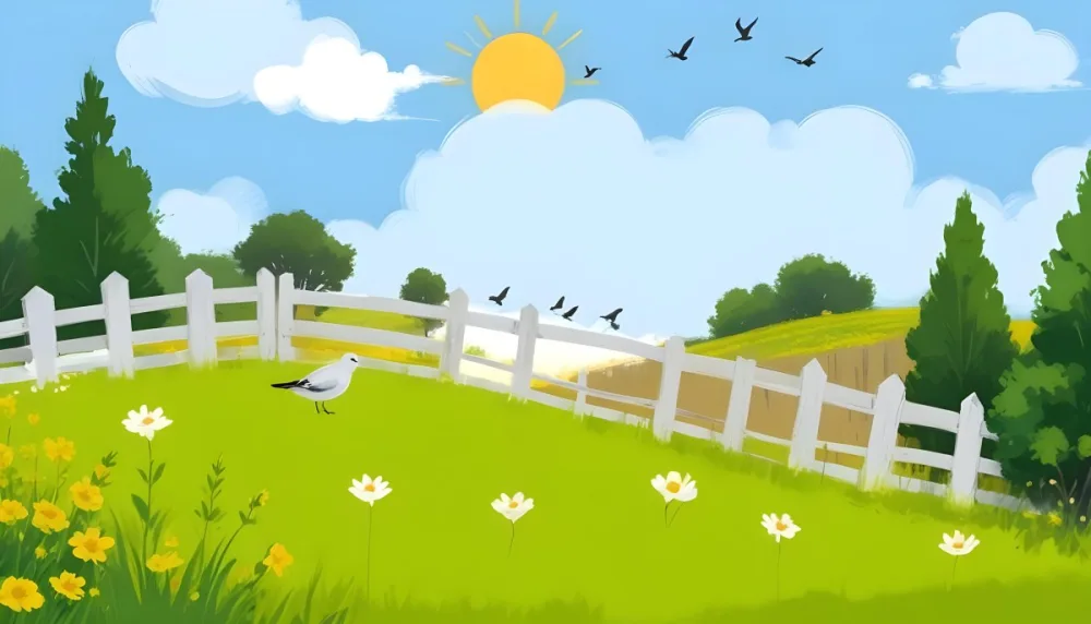 A Green Field With Yellow Flowers And A Yellow Fence With A Yellow Sky Yellow Clouds A White Sun And Some Birds In The Background 19 52cb