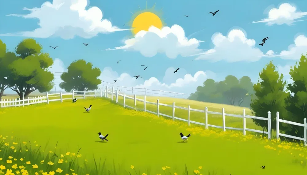A Green Field With Yellow Flowers And A Yellow Fence With A Yellow Sky Yellow Clouds A White Sun And Some Birds In The Background 20 A5df