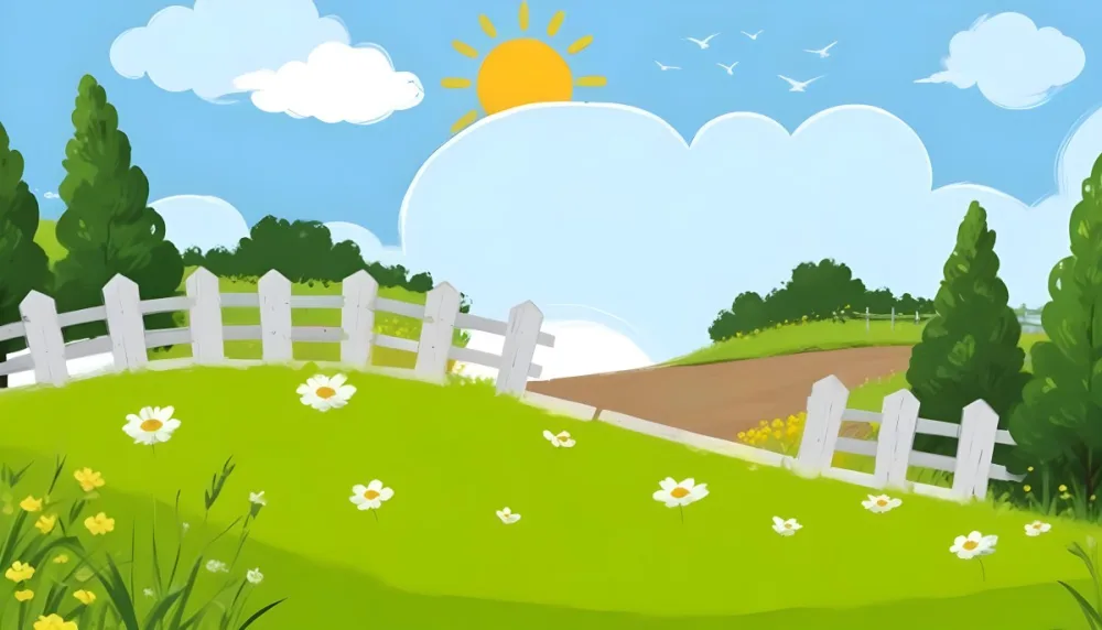 A Green Field With Yellow Flowers And A Yellow Fence With A Yellow Sky Yellow Clouds A White Sun And Some Birds In The Background 21 4943