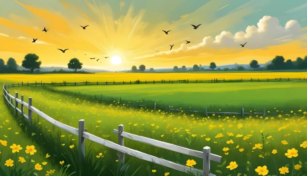 A Green Field With Yellow Flowers And A Yellow Fence With A Yellow Sky Yellow Clouds A White Sun And Some Birds In The Background 22 8fc1
