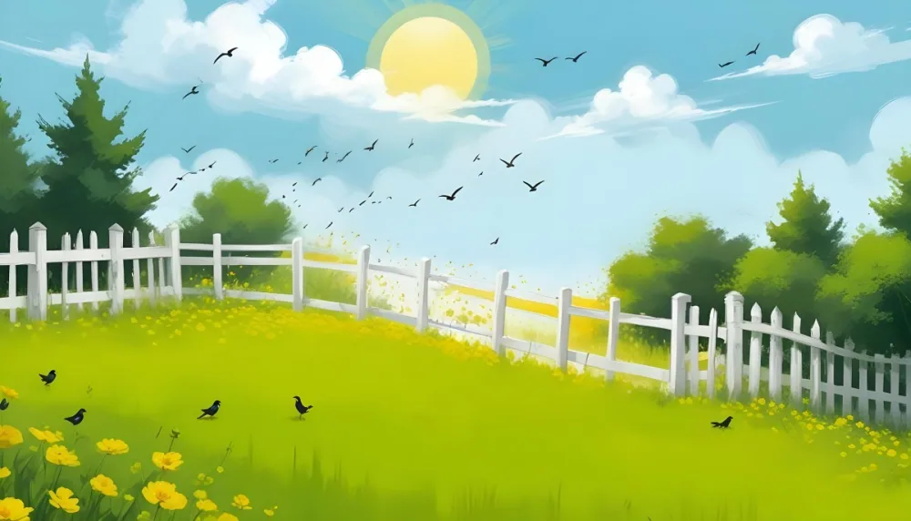 A Green Field With Yellow Flowers And A Yellow Fence With A Yellow Sky Yellow Clouds A White Sun And Some Birds In The Background 23 230f
