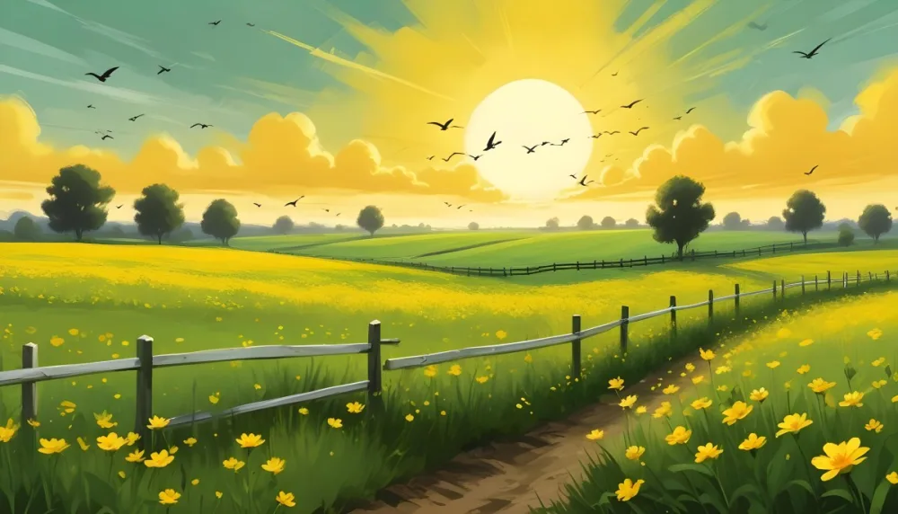 A Green Field With Yellow Flowers And A Yellow Fence With A Yellow Sky Yellow Clouds A White Sun And Some Birds In The Background 24 9e0e
