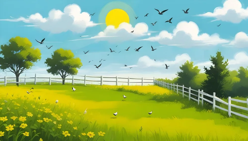A Green Field With Yellow Flowers And A Yellow Fence With A Yellow Sky Yellow Clouds A White Sun And Some Birds In The Background 25 F20c