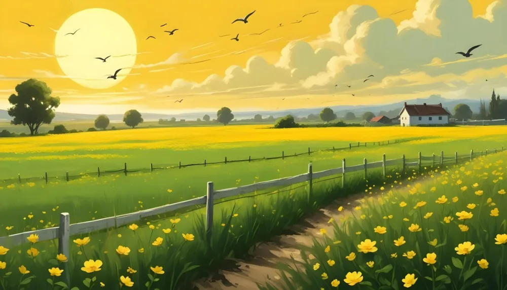 A Green Field With Yellow Flowers And A Yellow Fence With A Yellow Sky Yellow Clouds A White Sun And Some Birds In The Background 5 82ab