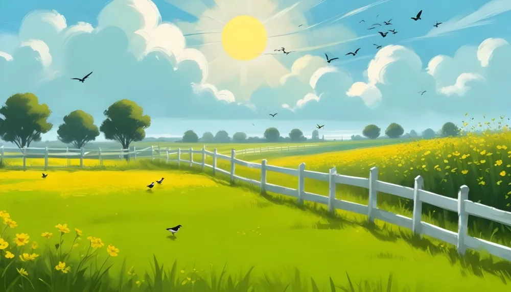 A Green Field With Yellow Flowers And A Yellow Fence With A Yellow Sky Yellow Clouds A White Sun And Some Birds In The Background 9 2636