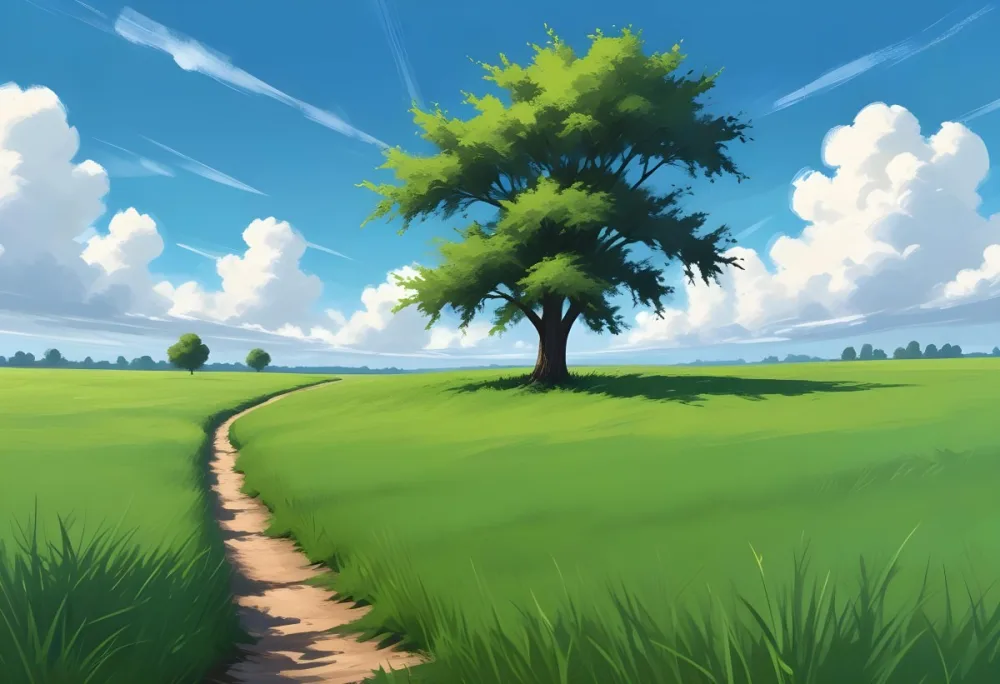 A Green Grass Field With A Tree On The Right Side Blue Sky With Some Clouds In A Sunny Day 13 58b3