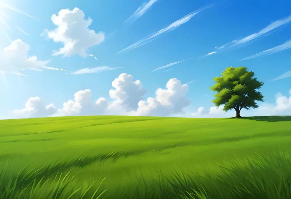A Green Grass Field With A Tree On The Right Side Blue Sky With Some Clouds In A Sunny Day 16 1a1a
