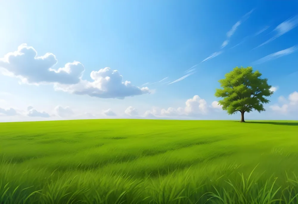 A Green Grass Field With A Tree On The Right Side Blue Sky With Some Clouds In A Sunny Day 25 A501