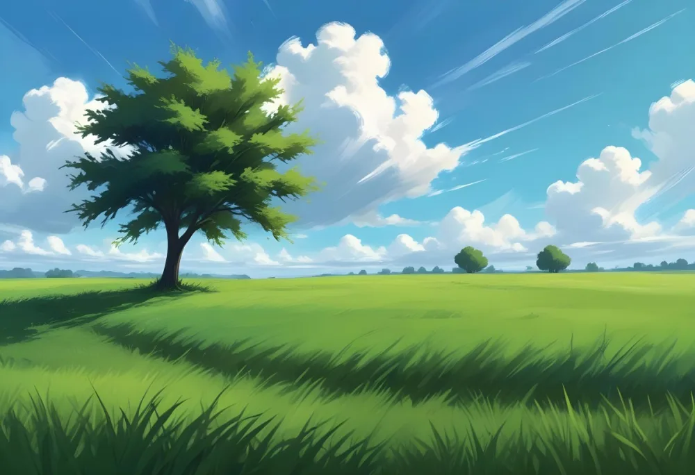 A Green Grass Field With A Tree On The Right Side Blue Sky With Some Clouds In A Sunny Day 29 F444