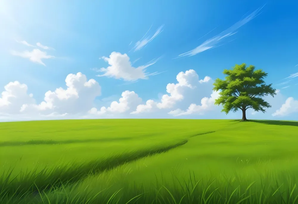 A Green Grass Field With A Tree On The Right Side Blue Sky With Some Clouds In A Sunny Day 32 5485