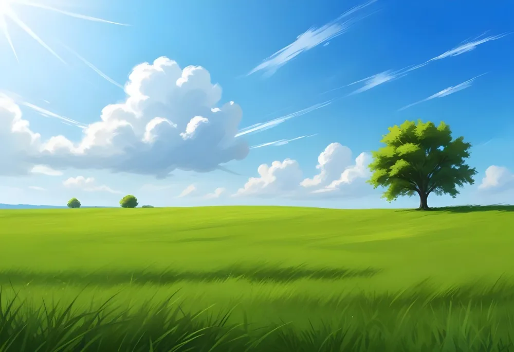 A Green Grass Field With A Tree On The Right Side Blue Sky With Some Clouds In A Sunny Day 34 Bc61