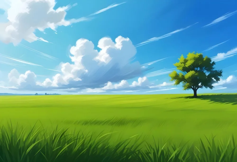 A Green Grass Field With A Tree On The Right Side Blue Sky With Some Clouds In A Sunny Day 38 E39e