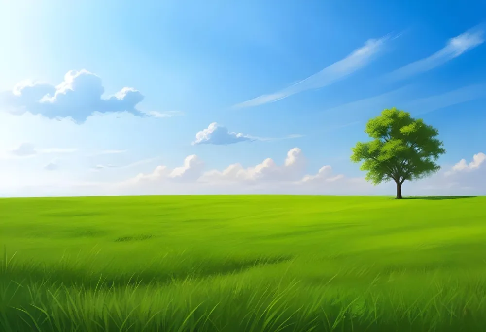 A Green Grass Field With A Tree On The Right Side Blue Sky With Some Clouds In A Sunny Day 41 77b1