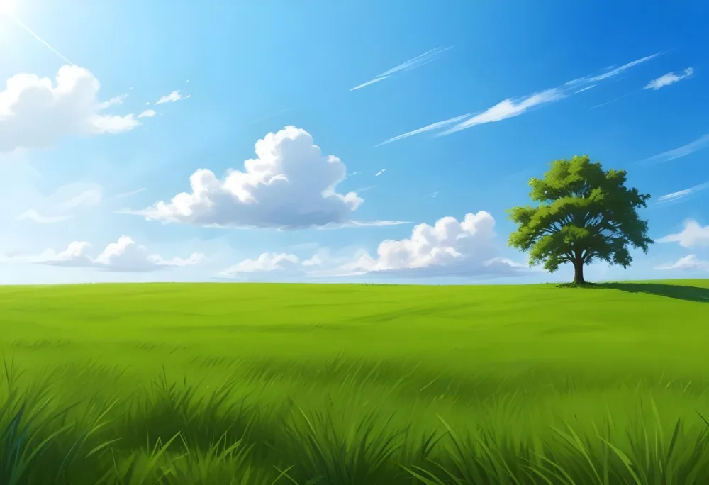 A Green Grass Field With A Tree On The Right Side Blue Sky With Some Clouds In A Sunny Day 50 D2e4