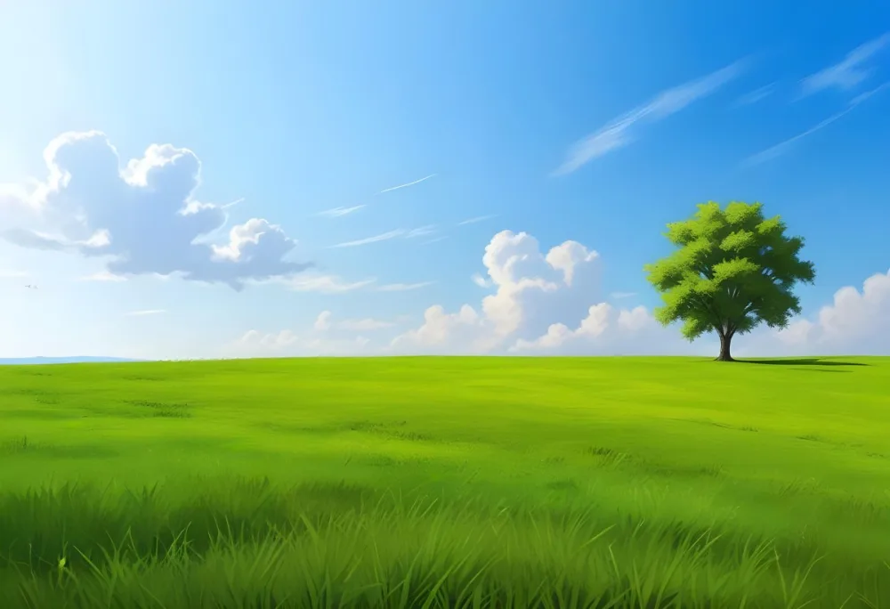 A Green Grass Field With A Tree On The Right Side Blue Sky With Some Clouds In A Sunny Day 53 51a8